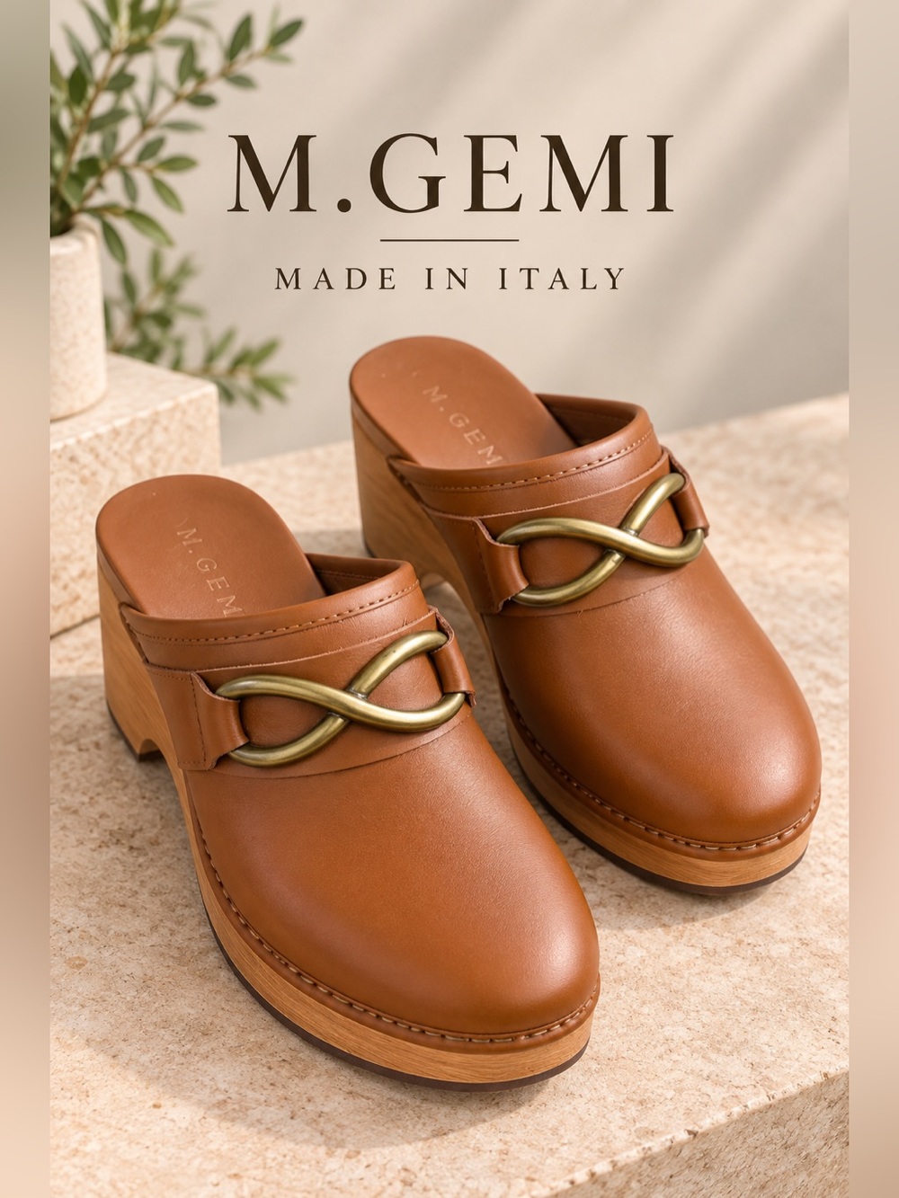 M.Gemi Cognac Leather Clogs Gold Hardware Size 37